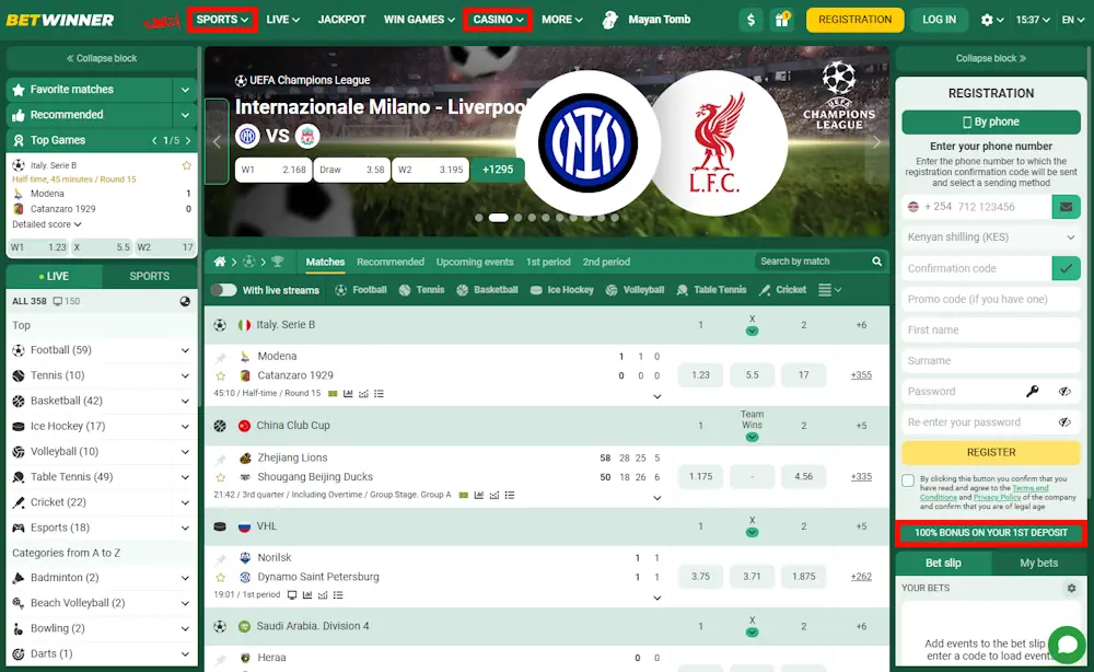 Betwinner Casino and Sportsbook Screenshot